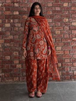 Gahan - Womens Rust Viscose Blend Printed Straight Kurta with Farshi Salwar and Dupatta