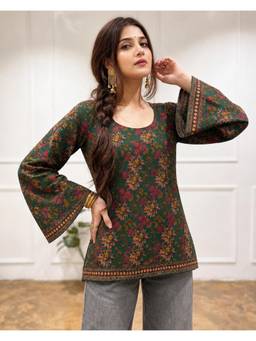 Gahan - Womens Green Cotton Blend Printed Straight Short Tunic