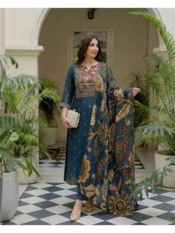 Gahan - Womens Blue Rayon Blend Printed Straight Kurta with Pant & Dupatta