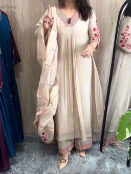 Gahan - Womens Cream Viscose Blend Embroidered Anarkali Kurta With Palazzo & Dupatta