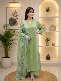 Gahan - Womens Green Viscose Blend Embroidered Straight Kurta With Palazzo & Dupatta