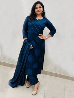 Gahan - Womens Blue Viscose Blend Printed Straight Kurta With Palazzo and Dupatta