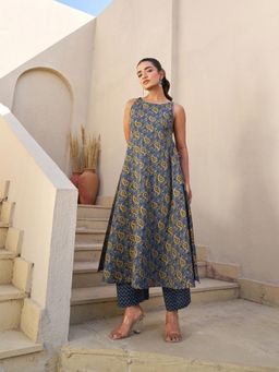 Gahan - Womens Blue Viscose Blend Printed Anarkali Kurta With Pant