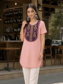 Gahan - Womens Peach Viscose Blend Embroidered Straight Short Kurti