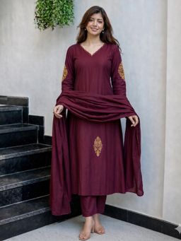 Gahan - Womens Wine Viscose Blend Embraided Anarkali Kurta With Pant & Dupatta