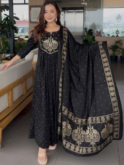 Gahan - Womens Black Rayon Blend A-Line Kurta with Pant & Dupatta