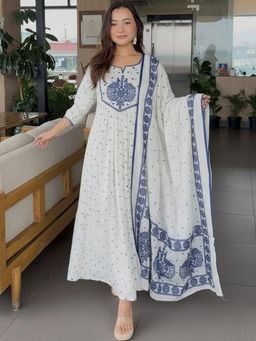 Gahan - Womens White Rayon Blend A-Line Anarkali Kurta with Pant & Dupatta