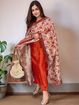 Gahan - Womens Orange Rayon Blend Solid Straight Kurta with Pant & Dupatta