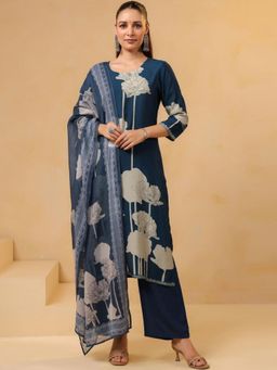 Gahan - Womens Navy Blue Rayon Blend Straight Kurta with Pant & Dupatta