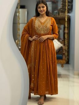 Gahan - Womens Plus Size Orange Rayon Blend Anarkali Kurta with Pant & Dupatta