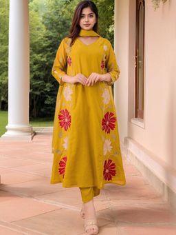 Gahan - Womens Plus Size Mustard Rayon Blend A-Line Anarkali Kurta with Pant & Dupatta