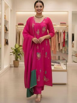 Gahan - Womens Pink Rayon Blend Embroidered A-Line Kurta with Pant & Dupatta