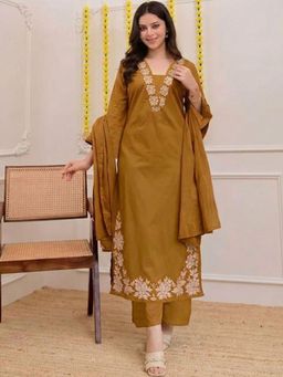 Gahan - Womens Mustard Rayon Blend Straight Kurta with Pant & Dupatta