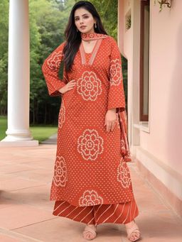 Gahan - Womens Plus Size Orange Rayon Blend Straight Kurta with Palazzo & Dupatta