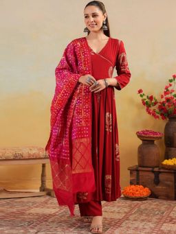 Gahan - Womens Red Rayon Blend Anarkali Kurta with Pant & Dupatta