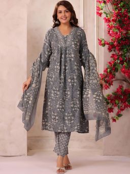 Gahan - Womens Grey Rayon Blend A-Line Kurta with Pant & Dupatta