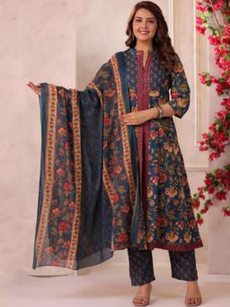 Gahan - Womens Blue Rayon Blend Anarkali Kurta with Pant & Dupatta