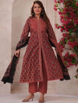 Gahan - Womens Red Rayon Blend Anarkali Kurta with Pant & Dupatta