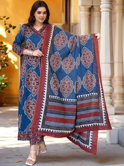 Gahan - Womens Navy Blue Rayon Blend Anarkali Kurta with Pant & Dupatta