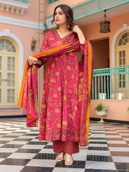 Gahan - Womens Red Rayon Blend Anarkali Kurta with Pant & Dupatta