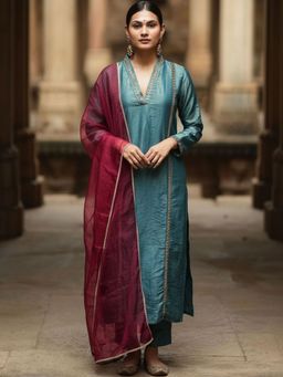 Gahan - Womens Teal Rayon Blend Embroidered Straight Kurta with Pant & Dupatta