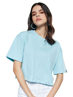 The Souled Store - Solids Sky Blue Women Oversized Cropped T-Shirt