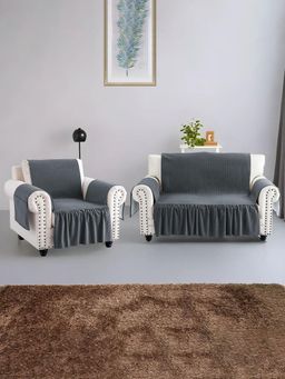 Kuber Industries - Seater Soft Velvet Full Sofa Cover with Pocket Arms Grey