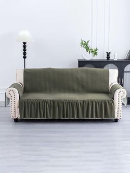 Kuber Industries - 3 Seater Soft Velvet Full Sofa Cover with Pocket Arms Olive Green