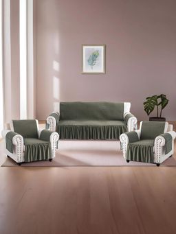 Kuber Industries - 5 Seater Soft Velvet Full Sofa Cover with Pocket Arms (Pack Of 3) Olive