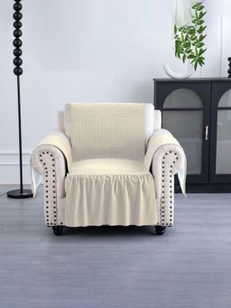 Kuber Industries - Single Seater Soft Velvet Full Sofa Cover with Pocket Arms Cream