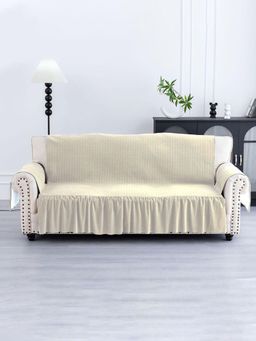 Kuber Industries - 3 Seater Soft Velvet Full Sofa Cover with Pocket Arms Cream