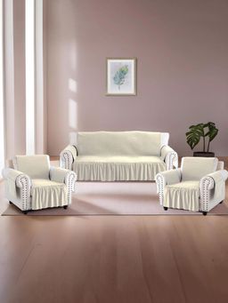 Kuber Industries - 5 Seater Soft Velvet Full Sofa Cover with Pocket Arms (Pack Of 3) Cream