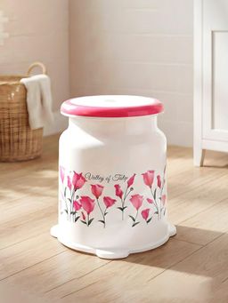 Kuber Industries - Strong Plastic Tulip Design Round Seating Stool For Home White & Pink