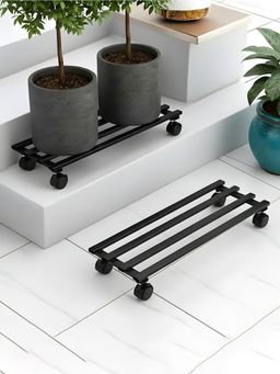 Kuber Industries - Rectangular Metal Planter Stand With Wheels For Home & Balcony Black (Pack Of 2)