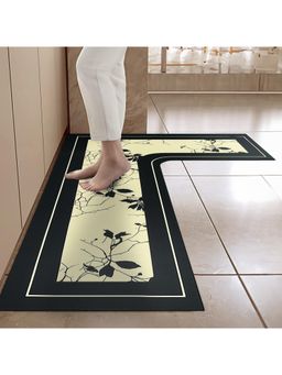 Cortina - L-Shape Waterproof Kitchen Runner Memory Foam Floor Mat- Black & Cream Multi-Color