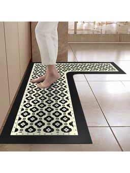 Cortina - L-Shape Waterproof Kitchen Runner Memory Foam Floor Mat- Black & Cream Multi-Color