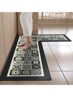 Cortina - L-Shape Waterproof Kitchen Runner Memory Foam Floor Mat- Black & Cream Multi-Color