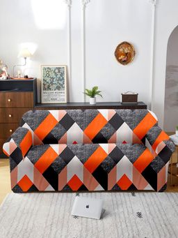 Cortina - Three Seater Polyester Stretchable Universal Sofa Cover - Grey & Orange