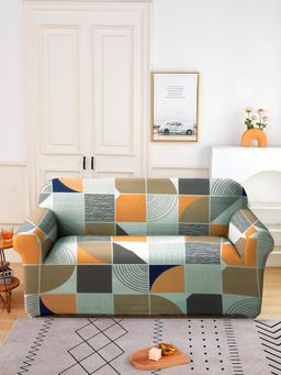 Cortina - Two Seater Polyester Stretchable Universal Sofa Cover - Orange & Grey