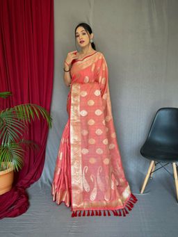 EXCLUSIVA - Pink Woven Cotton Linen Saree with Unstitched Blouse
