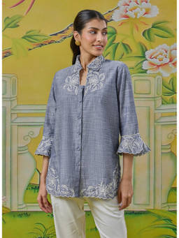 Lakshita - Anaya Stone Blue Embroidered Linen-Textured Plus Size Shirt