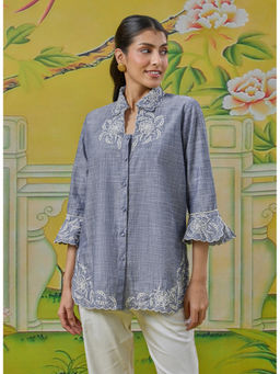 Lakshita - Anaya Stone Grey Embroidered Linen-Textured Shirt