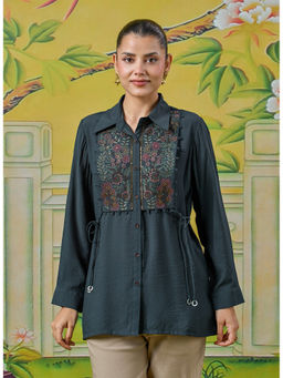 Lakshita - Meher Tropical Teal Thread Embroidered Shirt