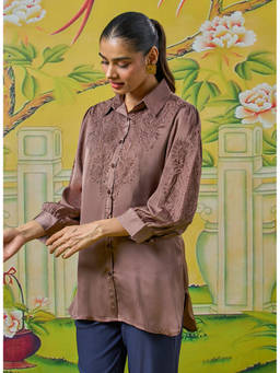 Lakshita - Zaria Milk Chocolate Brown Embroidered Plus Size Shirt