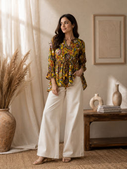 Vastramyaa - Mustard Cotton Floral Printed Tunic