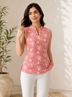 Vastramyaa - Cotton Peach Floral Printed Tunic