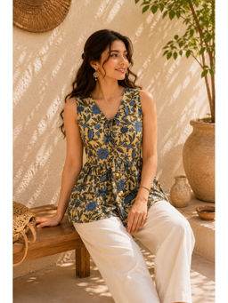 Vastramyaa - Blue Cotton Floral Printed Peplum Top