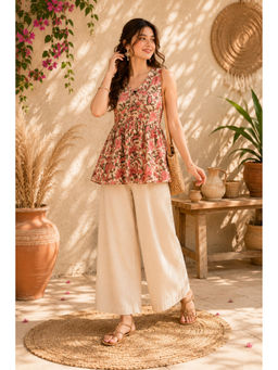 Vastramyaa - Peach Cotton Floral Printed Peplum Top