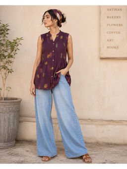 Vastramyaa - Wine Cotton Floral Printed Peplum Top