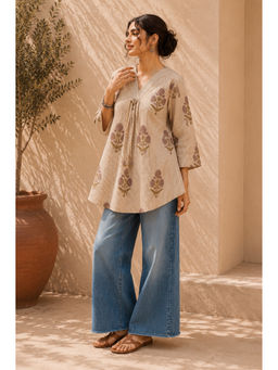 Vastramyaa - Beige Cotton Floral Printed Tunic